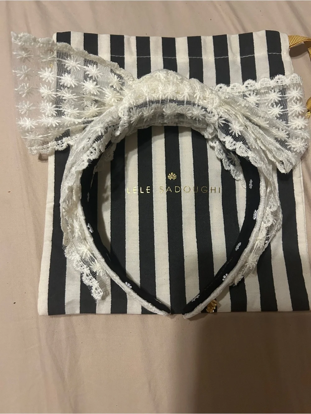 Lele Sadoughi IVORY SHIRLEY LACE RIBBON HEADBAND modest hair covering trad